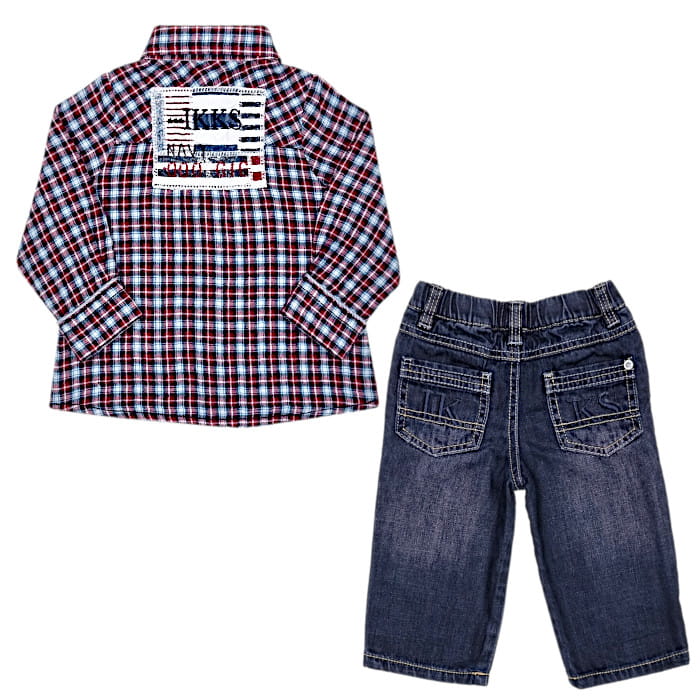 Ensemble chemise et pantalon denim, IKKS, pour bébé garçon 6 mois, vue de dos, vêtement tendance de seconde main