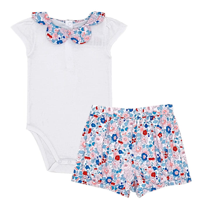 Ensemble body et short tissu Liberty, Jacadi, 18 mois, vue de face, vêtement d'occasion pour bébé fille en état impeccable à petit prix