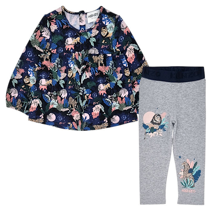 Ensemble bébé marine/gris chiné blouse et legging Kenzo, vue de devant, fille 18 mois