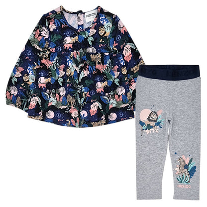 Ensemble bébé marine/gris chiné blouse et legging Kenzo, vue de devant, fille 18 mois