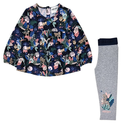 Ensemble bébé fille Kenzo, marine/gris chiné blouse et legging, taille 18 mois, seconde main luxe, vue de face