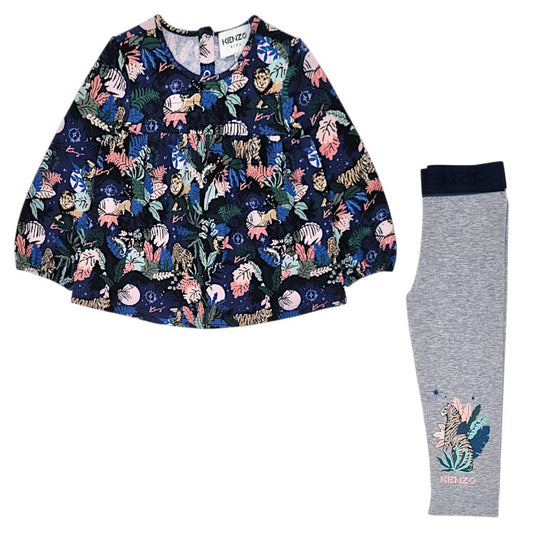 Ensemble bébé fille Kenzo, marine/gris chiné blouse et legging, taille 18 mois, seconde main luxe, vue de face