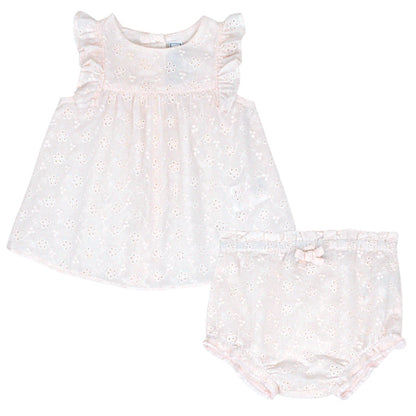 Ensemble bébé fille Tartine et Chocolat, rose pâle blouse et bloomer, taille 12 mois, seconde main haut de gamme, vue de face
