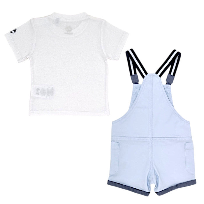 Ensemble bébé bleu t-shirt et salopette Timberland, vue de dos, garçon 6 mois