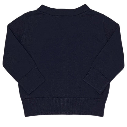 Gilet bébé bleu marine encolure V Jacadi, vue de dos, garçon 6 mois