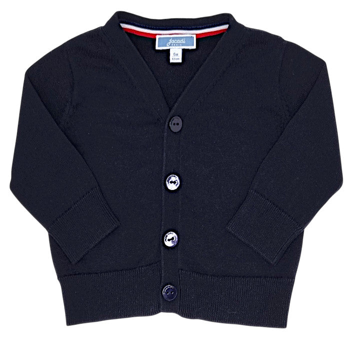 Gilet bébé garçon Jacadi, bleu marine encolure V, taille 6 mois, seconde main haut de gamme, vue de face