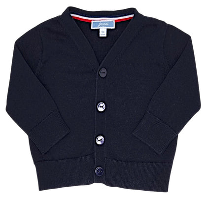 Gilet bébé garçon Jacadi, bleu marine encolure V, taille 6 mois, seconde main haut de gamme, vue de face