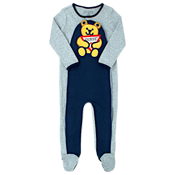 Grenouillère bébé garçon Guess Baby, gris/marine logo ours en peluche, taille 12 mois, seconde main premium, vue de face
