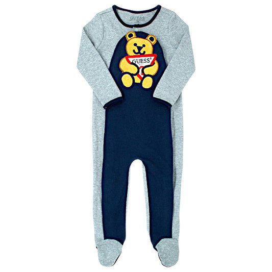 Grenouillère bébé garçon Guess Baby, gris/marine logo ours en peluche, taille 12 mois, seconde main premium, vue de face