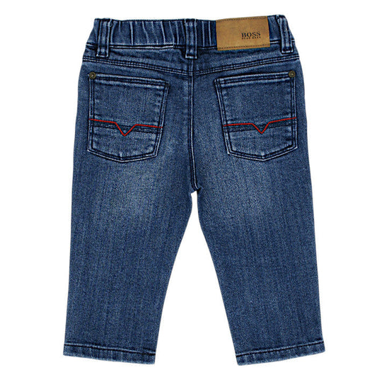 Jean confort bébé garçon Boss 9 mois, bleu délavé, poches plaquées sur l'arrière