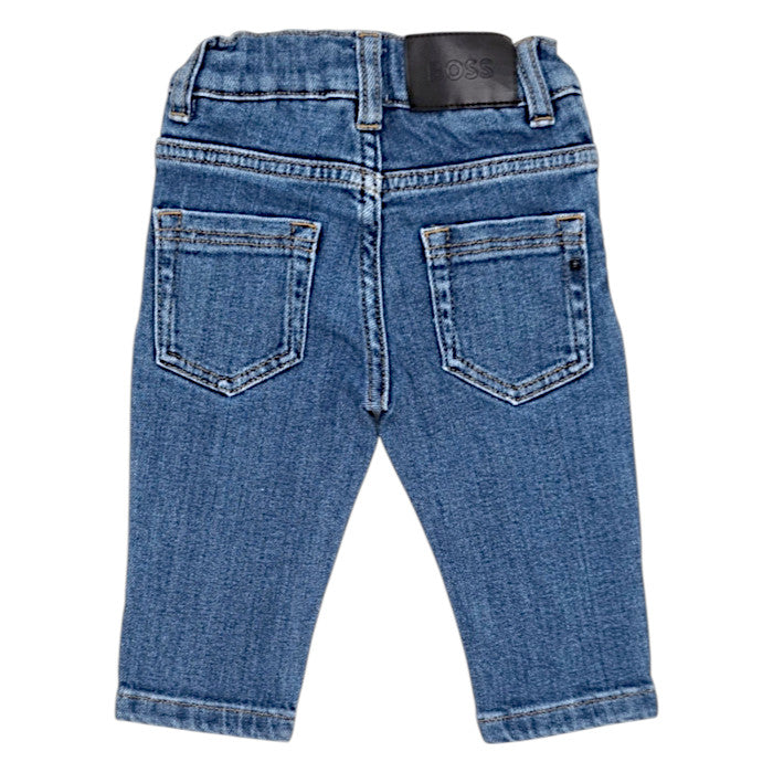 Jean droit bébé bleu délavé  Boss, vue de dos, garçon 9 mois