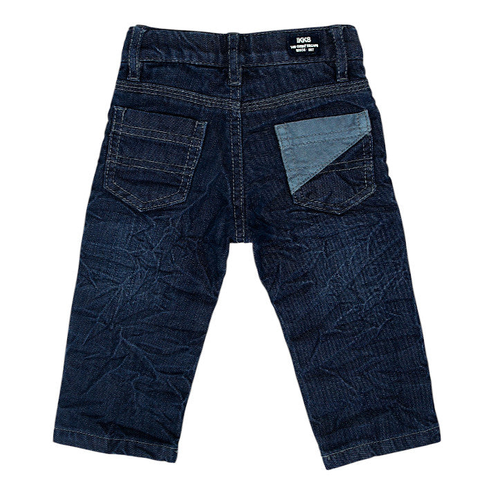 Jean droit bébé bleu effet froissé IKKS, vue de dos, garçon 3 mois