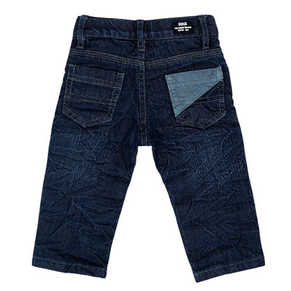 Jean droit bébé bleu effet froissé IKKS, vue de dos, garçon 3 mois