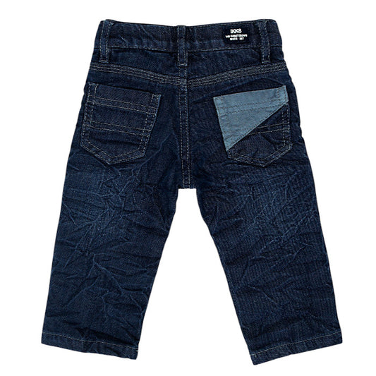 Jean droit bébé bleu effet froissé IKKS, vue de dos, garçon 3 mois