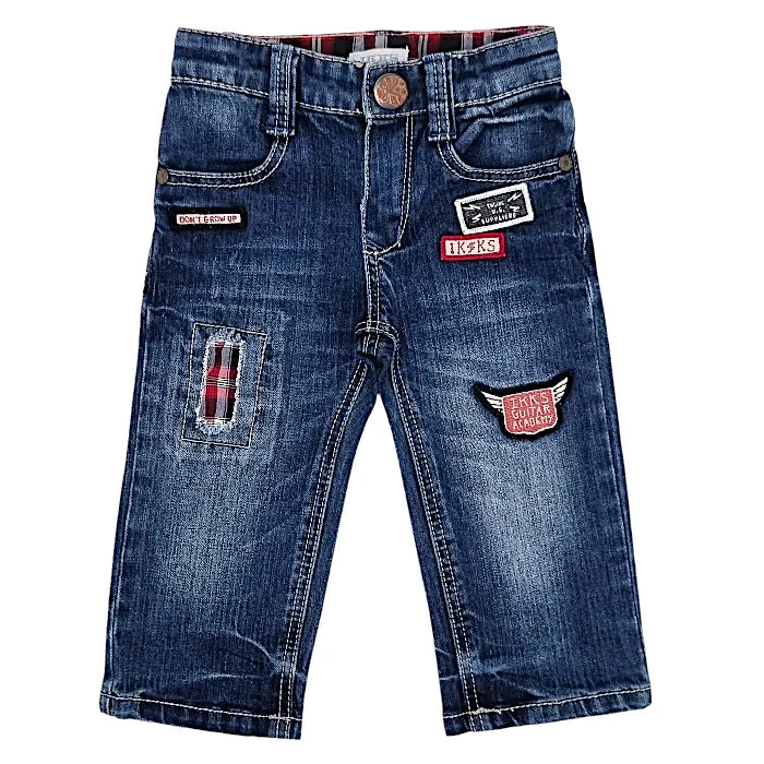 Jean droit bébé garçon bleu usé à patchs, taille 6 mois, marque IKKS - seconde main premium