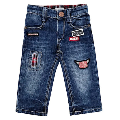 Jean droit bébé garçon bleu usé à patchs, taille 6 mois, marque IKKS - seconde main premium