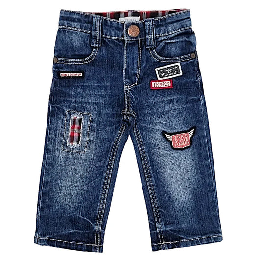 Jean droit bébé garçon bleu usé à patchs, taille 6 mois, marque IKKS - seconde main premium