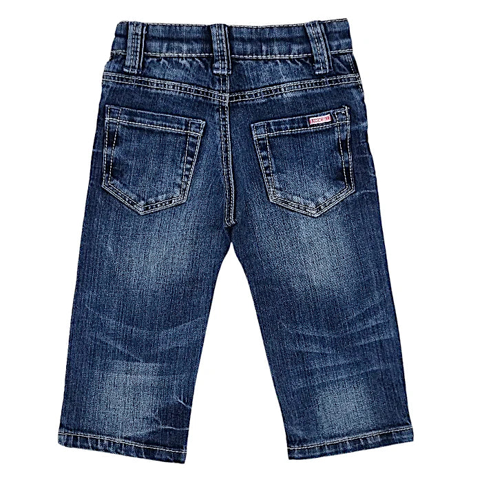 Jean droit bébé garçon IKKS 6 mois, bleu usé, poches plaquées sur l'arrière