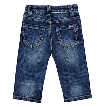 Jean droit bébé garçon IKKS 6 mois, bleu usé, poches plaquées sur l'arrière