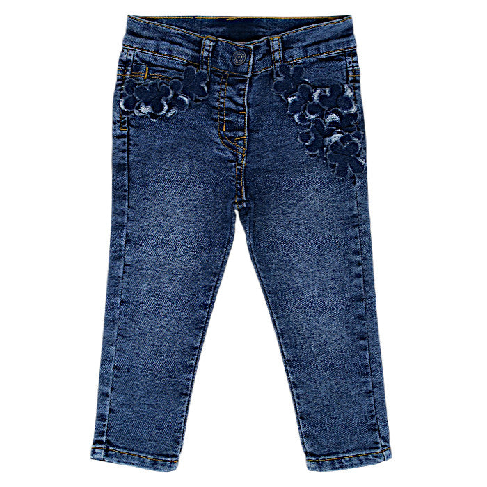 Jean droit bébé fille bleu à fleurs, taille 18 mois, marque Monnalisa - seconde main haut de gamme