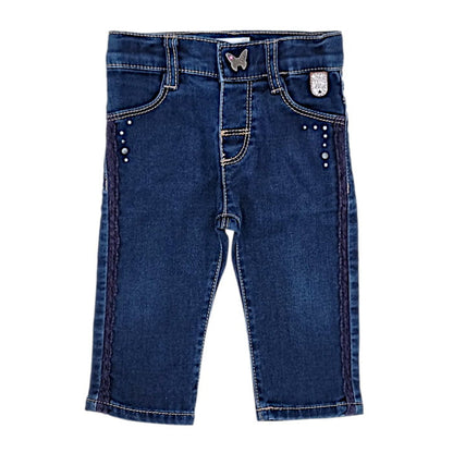 Jean slim bleu, IKKS, pour bébé fille 3 mois, vue de face, vêtement seconde main de marque