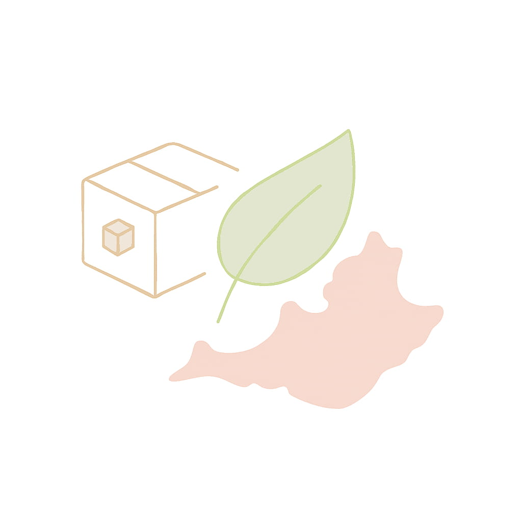 Illustration stylisée d’un colis, d’une feuille verte et de la carte PACA : livraison locale écoresponsable Chou de Chic