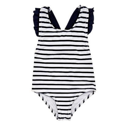 Maillot de bain marine rayé, marque Jacadi, pour bébé fille, 6 mois, vue de face, vêtement de seconde main chic