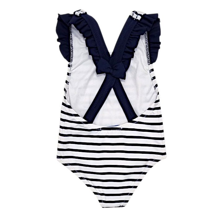 Maillot de bain marine rayé, Jacadi, pour bébé fille, 6 mois, vue de dos, vêtement de seconde main