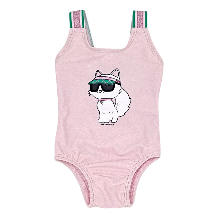 Maillot de bain bébé fille Karl Lagerfeld, rose imprimé Choupette, taille 6 mois, seconde main luxe, vue de face