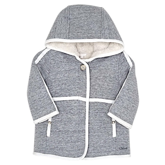 Manteau gris molleton, Chloé, 6 mois, vue de face, vêtement bébé fille luxe d'occasion