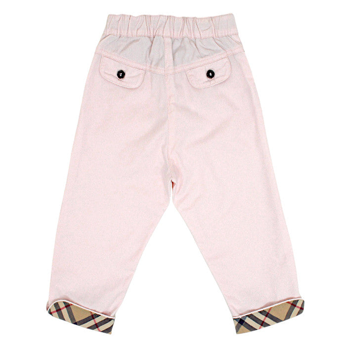 Pantalon bébé rose à revers tartan check Burberry, vue de dos, fille 18 mois