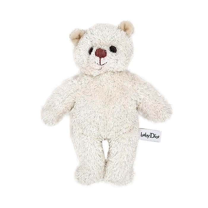 Peluche ourson écru, marque Baby Dior, vue de face, puériculture seconde main de luxe, mode circulaire pour bébé