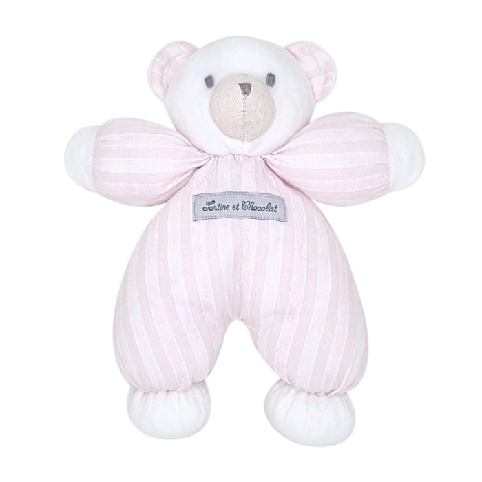Peluche ourson rayures Garda, marque Tartine et Chocolat, pour bébé fille, vue de face, article d'occasion en état impeccable.
