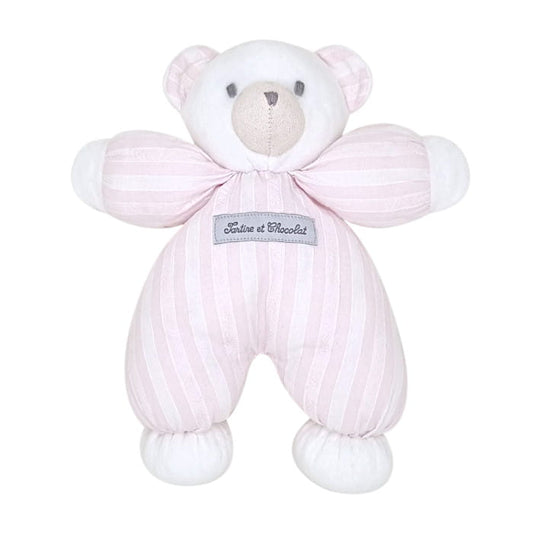 Peluche ourson rayures Garda, marque Tartine et Chocolat, pour bébé fille, vue de face, article d'occasion en état impeccable.