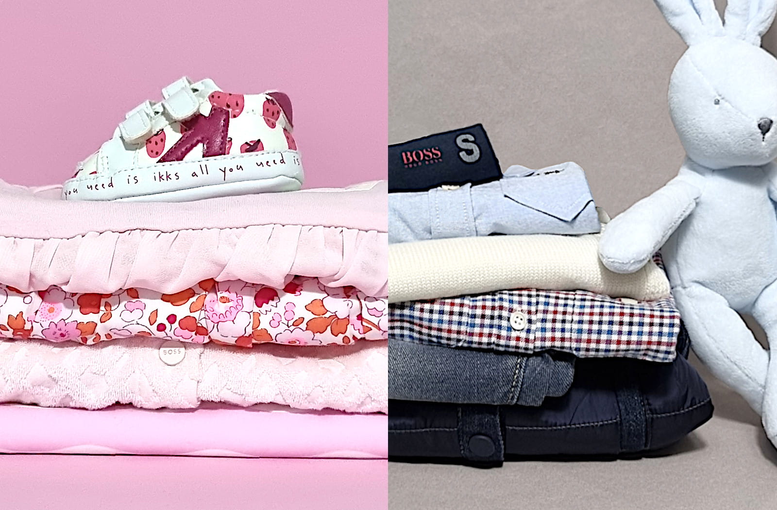 Piles de vêtements bébé de marques haut de gamme, disponibles dans la boutique en ligne Chou de Chic