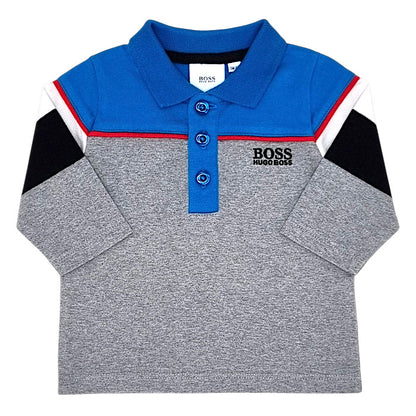 Polo bébé garçon Boss Kidswear, gris/bleu color block, taille 3 mois, seconde main haut de gamme, vue de face