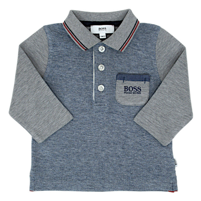 Polo bébé garçon gris/bleu à poche, taille 6 mois, marque Boss - seconde main haut de gamme