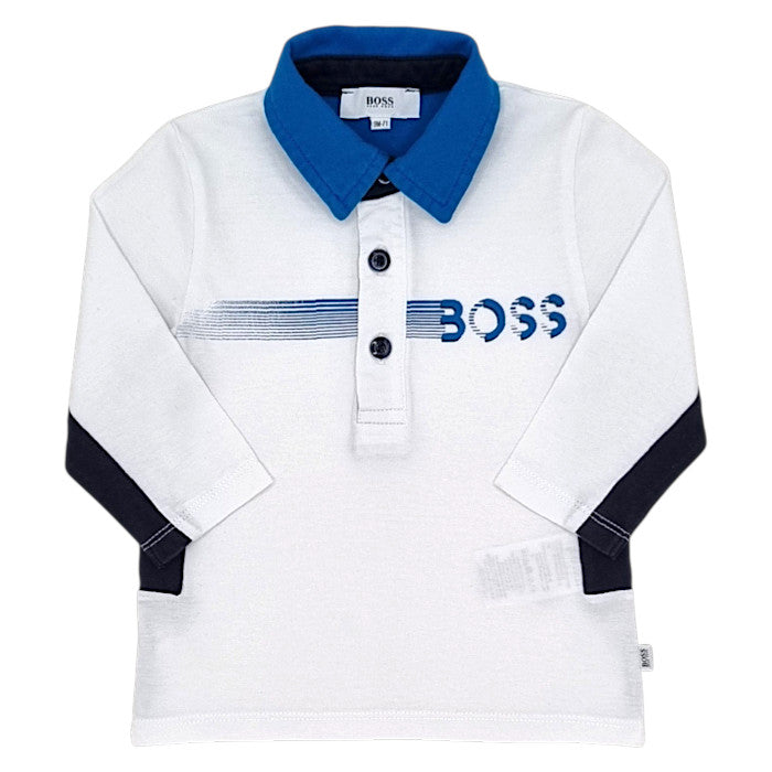 Polo bébé garçon Boss, blanc/bleu en jersey de coton, taille 9 mois, seconde main haut de gamme, vue de face