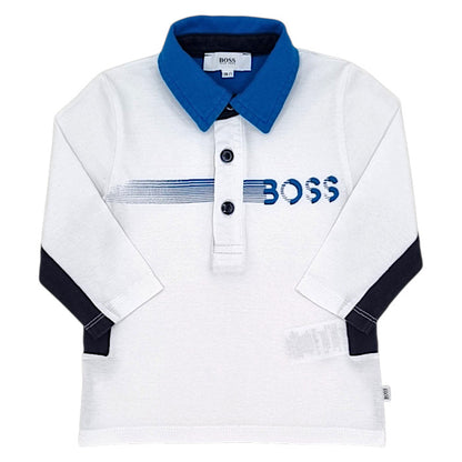 Polo bébé garçon Boss, blanc/bleu en jersey de coton, taille 9 mois, seconde main haut de gamme, vue de face