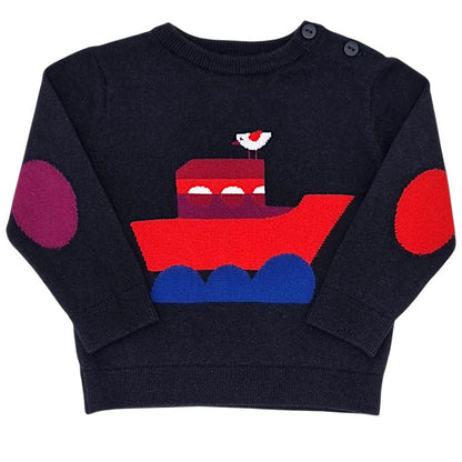 Pull bébé garçon Jacadi, bleu marine en coton et laine, taille 12 mois, seconde main haut de gamme, vue de face
