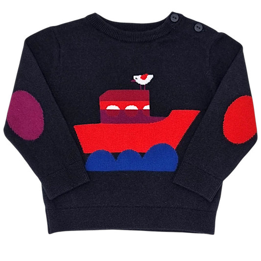 Pull bébé garçon Jacadi, bleu marine en coton et laine, taille 12 mois, seconde main haut de gamme, vue de face