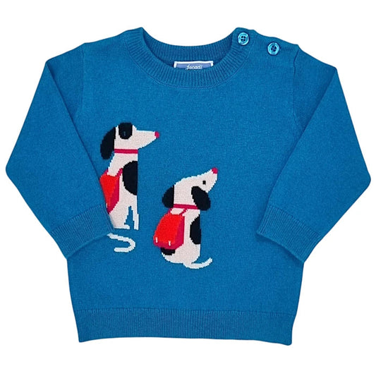 Pull bébé garçon bleu motif chiens, taille 6 mois, marque Jacadi - seconde main haut de gamme