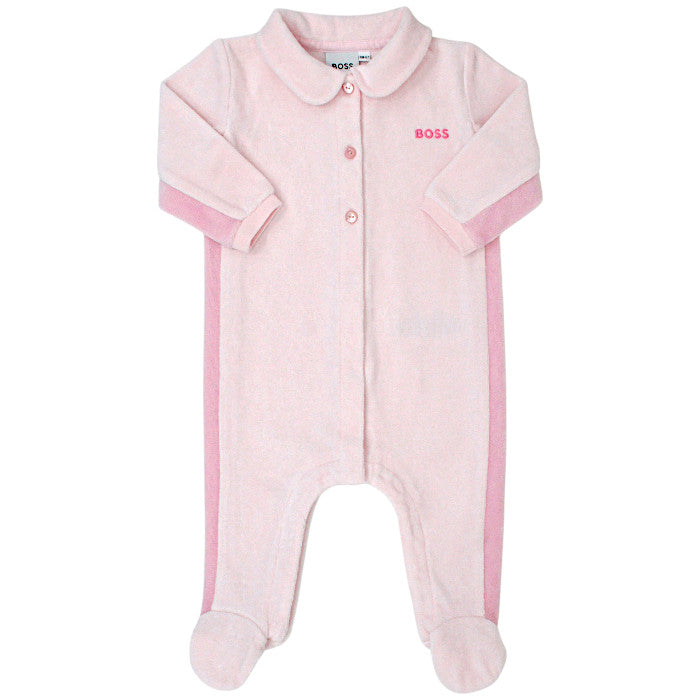 Pyjama bébé fille Boss Kidswear, rose en velours, taille 6 mois, seconde main haut de gamme, vue de face