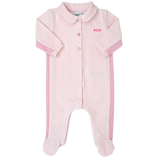 Pyjama bébé fille Boss Kidswear, rose en velours, taille 6 mois, seconde main haut de gamme, vue de face