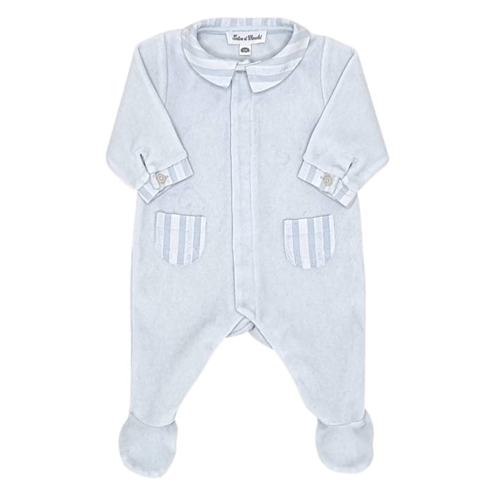 Pyjama bleu ciel velours, Tartine et Chocolat, pour bébé garçon 1 mois, vue de face, cadeau naissance chic