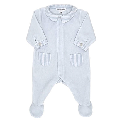 Pyjama bleu ciel velours, Tartine et Chocolat, pour bébé garçon 1 mois, vue de face, cadeau naissance chic