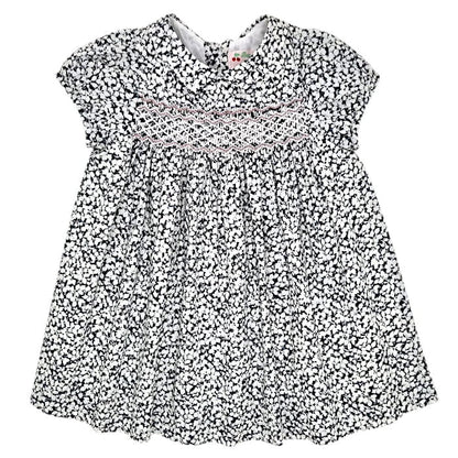 Robe smockée grise imprimé fleuri, Bonpoint, fille 12 mois, vue de face, vêtement bébé occasion de marque luxe