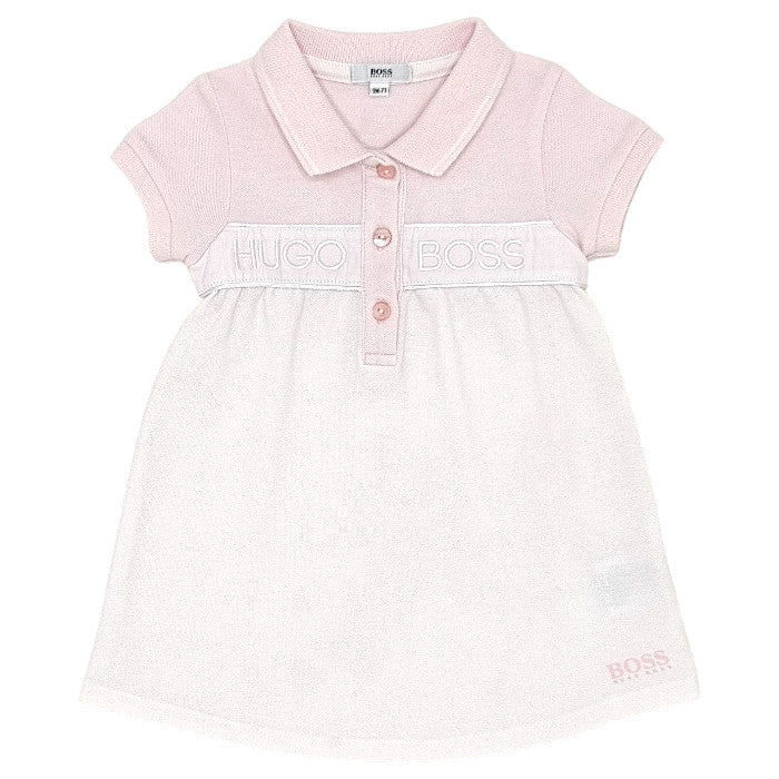 Robe bébé fille Boss, rose/blanc en maille piquée, taille 9 mois, seconde main haut de gamme, vue de face