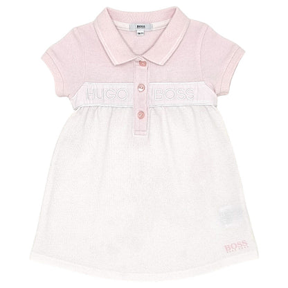 Robe bébé fille Boss, rose/blanc en maille piquée, taille 9 mois, seconde main haut de gamme, vue de face