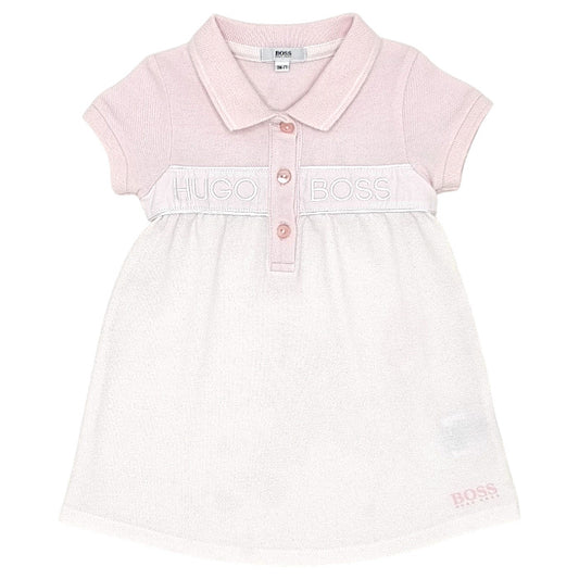 Robe bébé fille Boss, rose/blanc en maille piquée, taille 9 mois, seconde main haut de gamme, vue de face